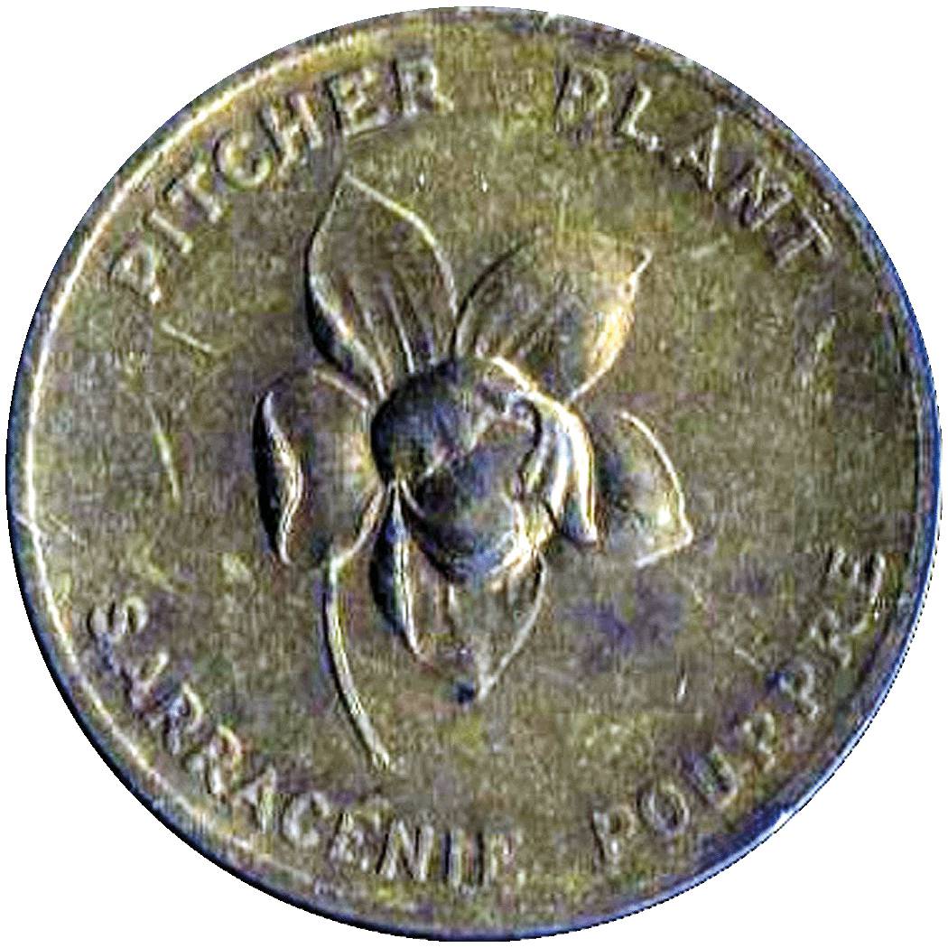 Pièce marquée d'une fleur de sarracénie pourpre, émise par le Canada en 1965, pour commémorer l'intégration de Terre-Neuve et, en 1954, le Cabinet de Terre-Neuve avait désigné cette plante 